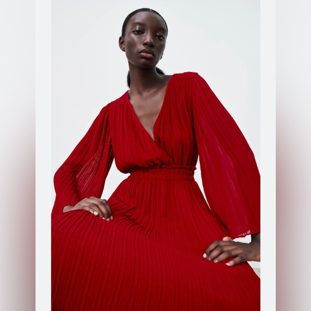 Zara Red Long Sleeve Chiffon Pleated Holiday Maxi Dress
